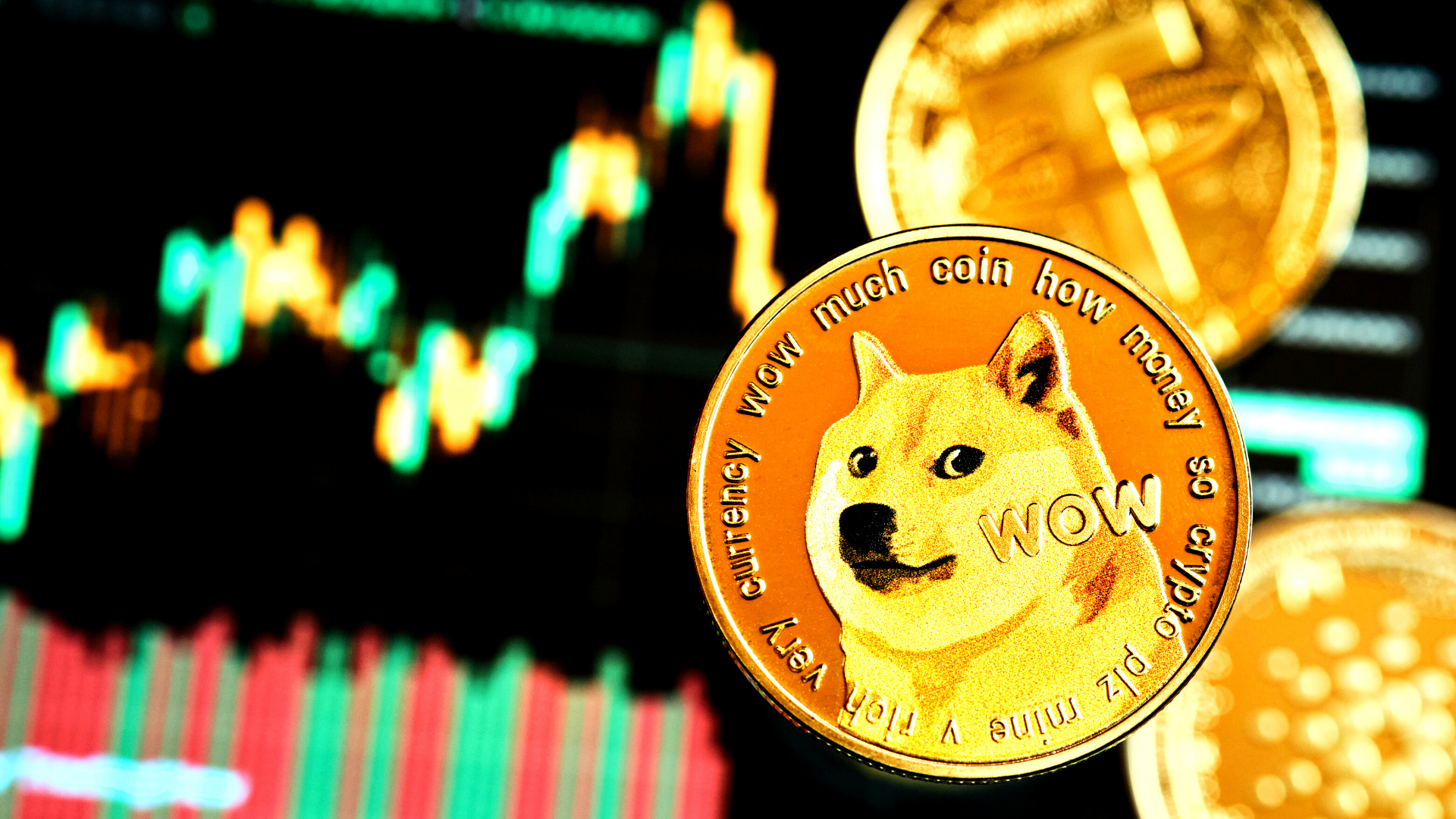 Dogecoin with cryptocurrency charts and graphs in background